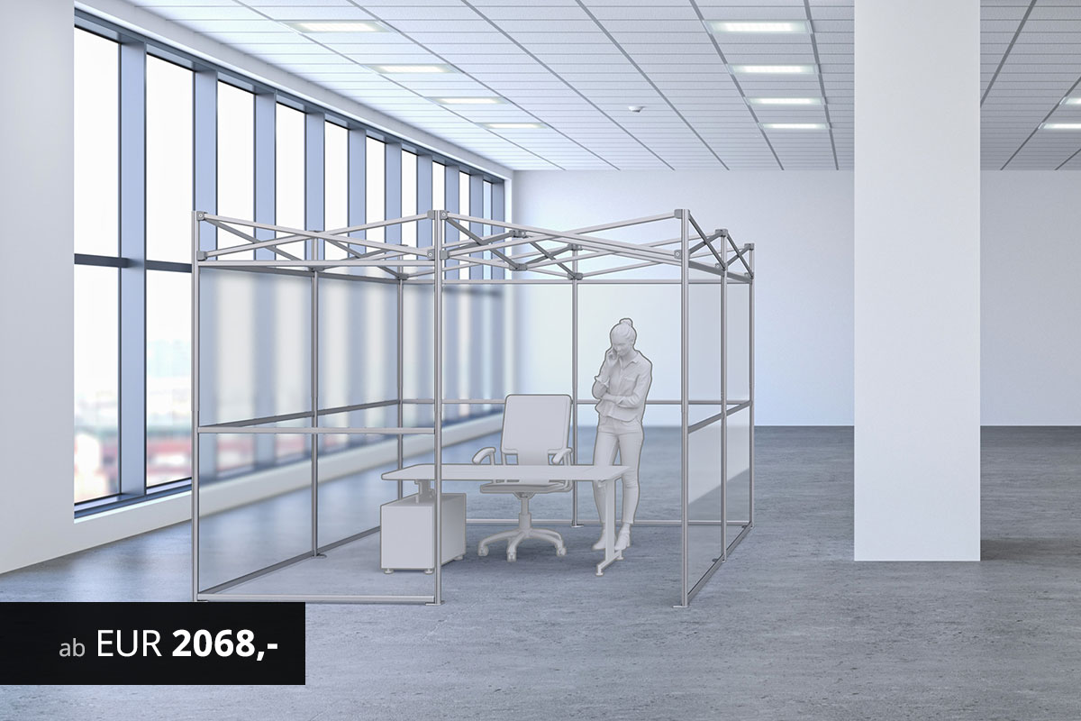 Das Raum-in-Raum-Modul wird eingesetzt, um Büros auf einer grossen Fläche abzutrennen.