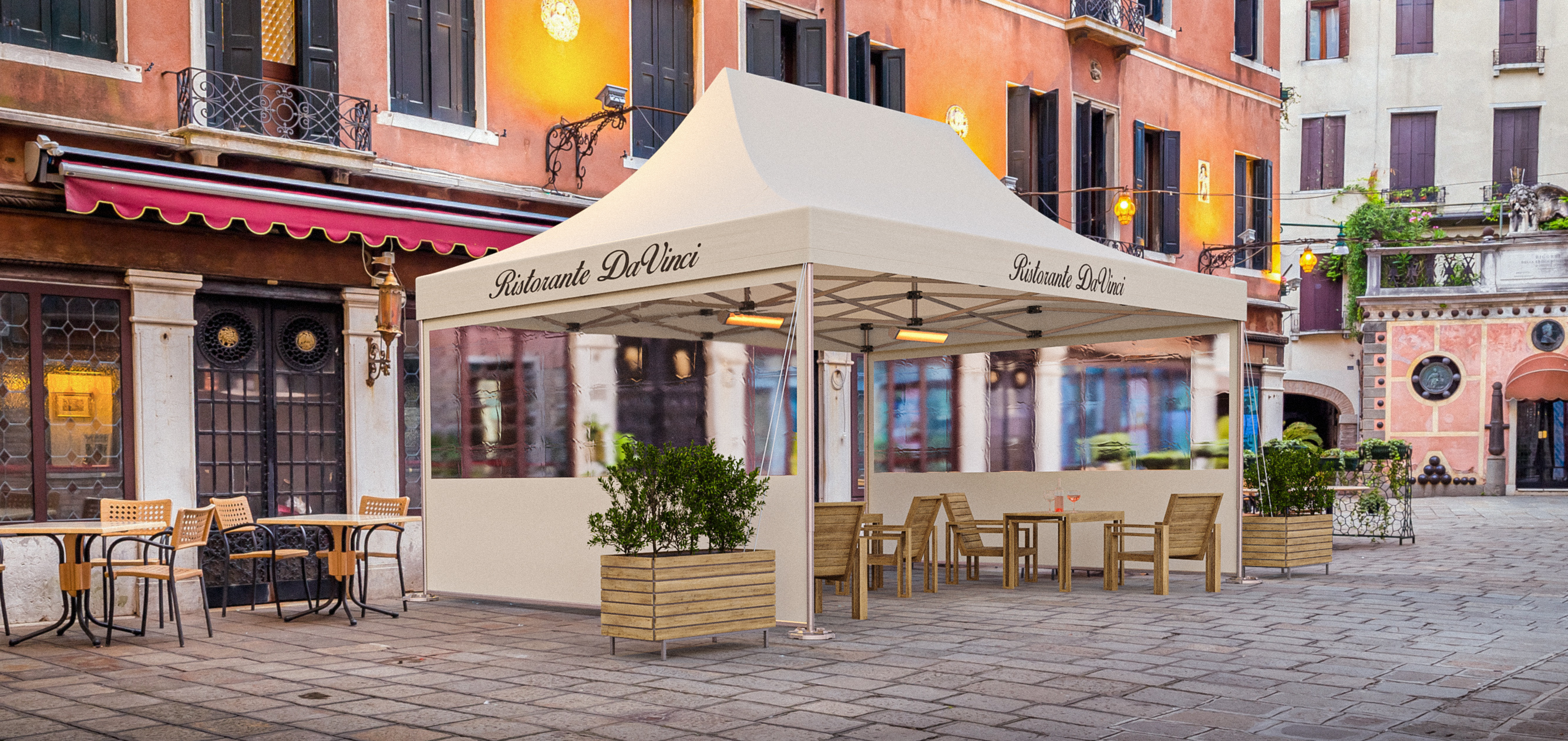 A catering tent is used to create a cozy seating lounge outside a restaurant.