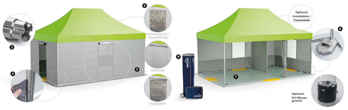 Eine schematische Darstellung des Pro-Tent 5000 Rescue, dem leistungsstarken Rettungszelt für viele Einsatzbereiche.