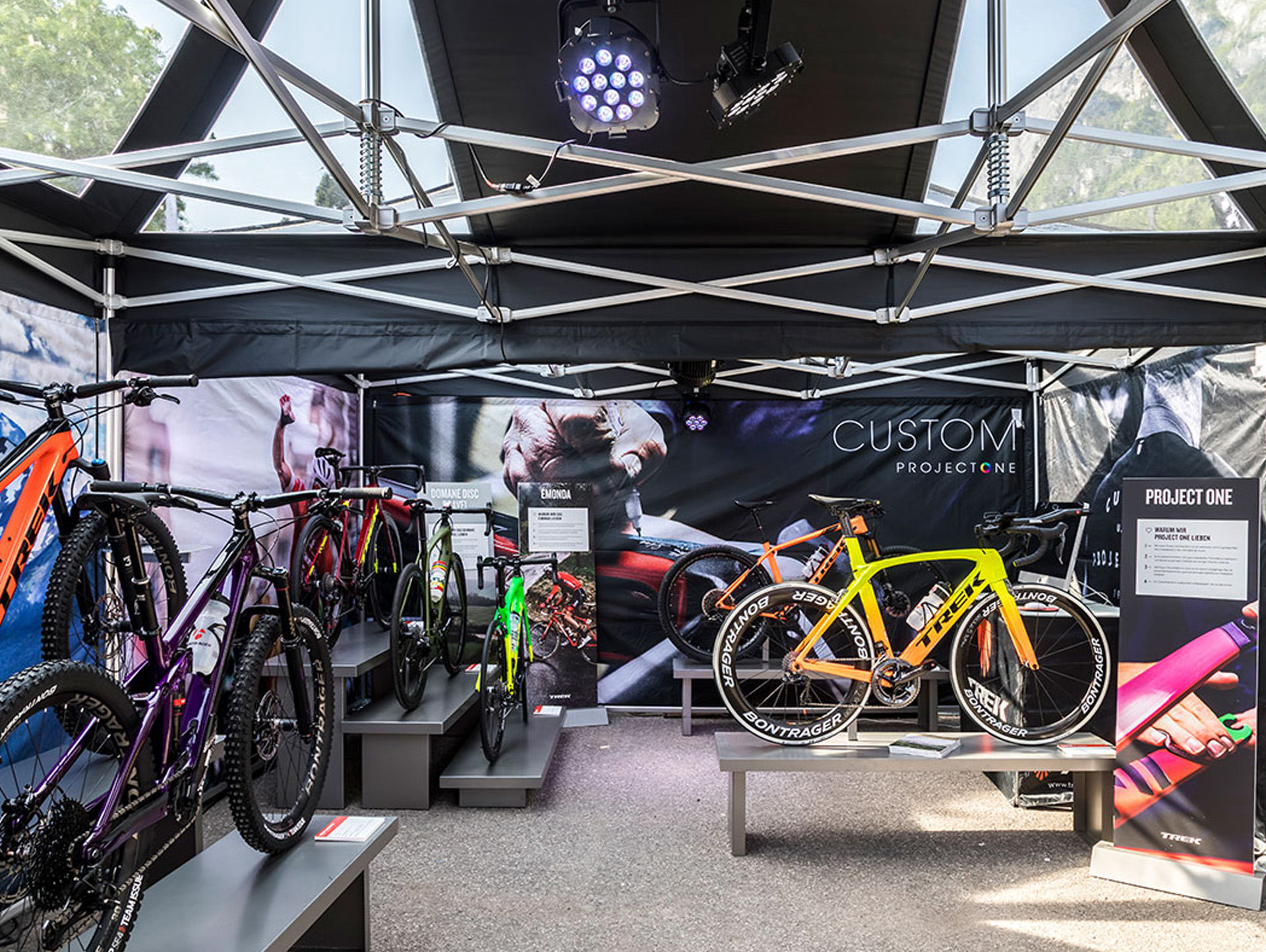 A view into the interior of a Pro-Tent folding tent, used as a promotion tent by the bike manufacturer Trek Bicycle.