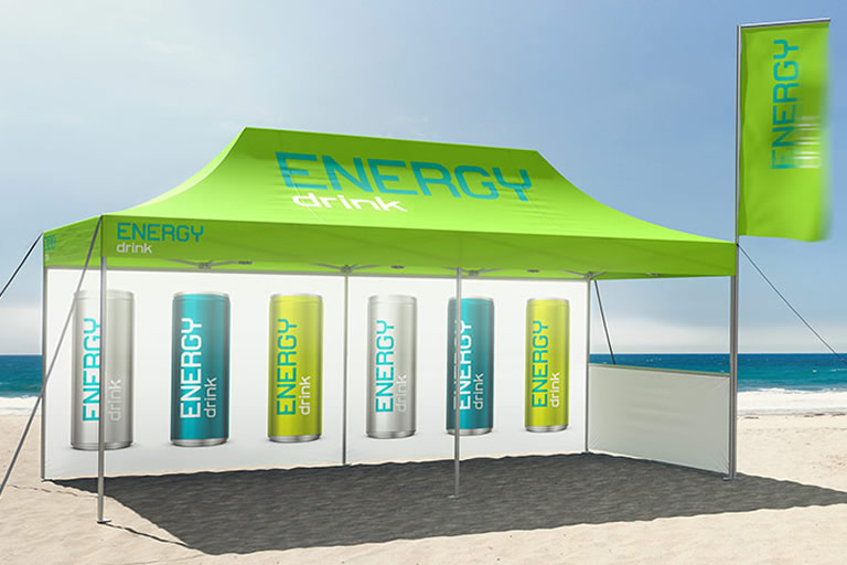 An outdoor tent from Pro-Tent stands on the beach.