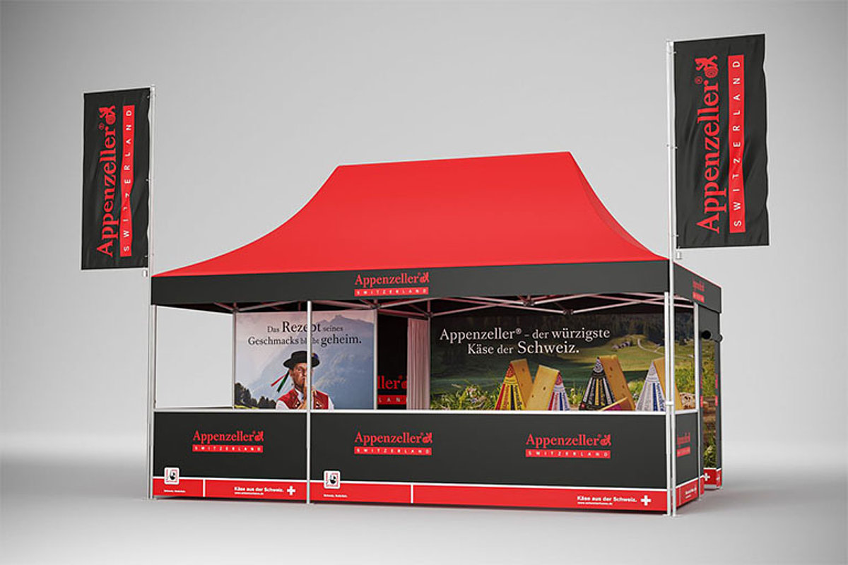 A colourfully printed and strikingly designed advertising tent from the company Appenzeller. 