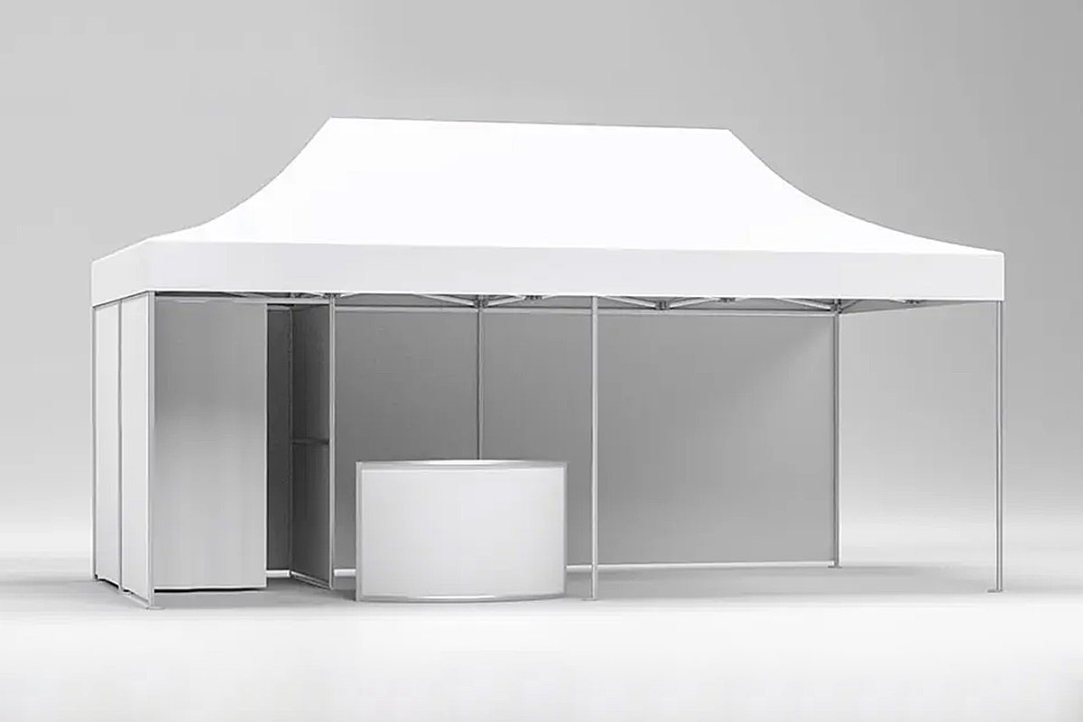 A blank folding tent with cabin and mobile counter.