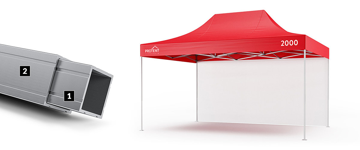 Une tente pliante Pro-Tent 2000 rouge et un gros plan d'une jambe.