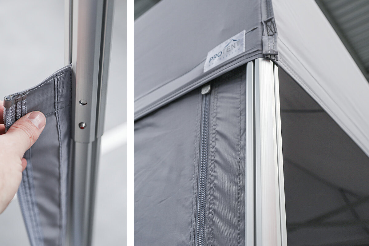 Nahaufnahme eines Faltzelt-Standbeins mit der Pro-Tent Systemnut.