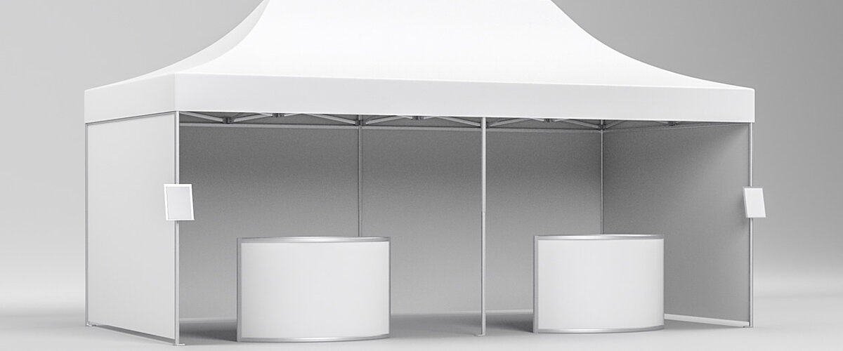 A blank folding tent from Pro-Tent with side walls, counters and other features.