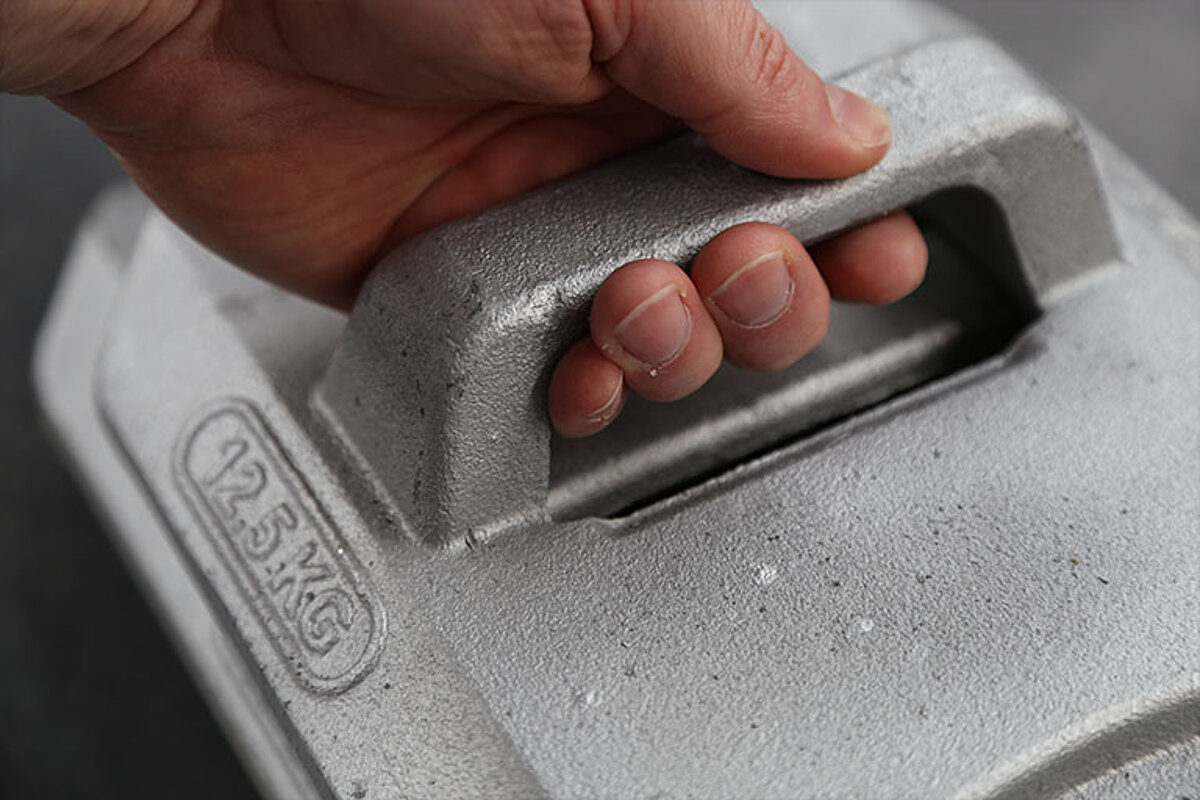Close-up view of the well-designed handle on the weight plate (12.5 kg) from Pro-Tent.