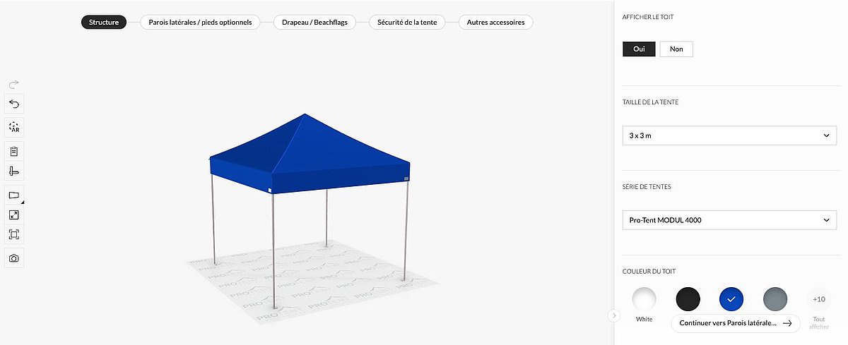 Une capture d'écran du nouveau configurateur de tentes pliantes de Pro-Tent.