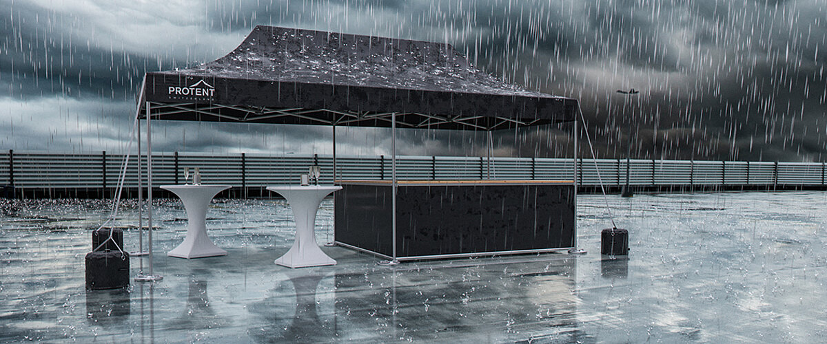 Ein wasserdichter Faltpavillon von Pro-Tent steht im Regen.