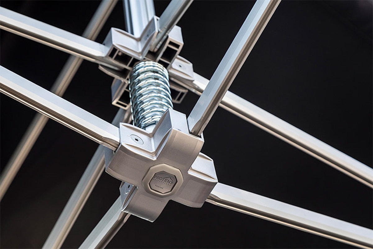 Close-up of a telescopic spring in a professional folding tent 