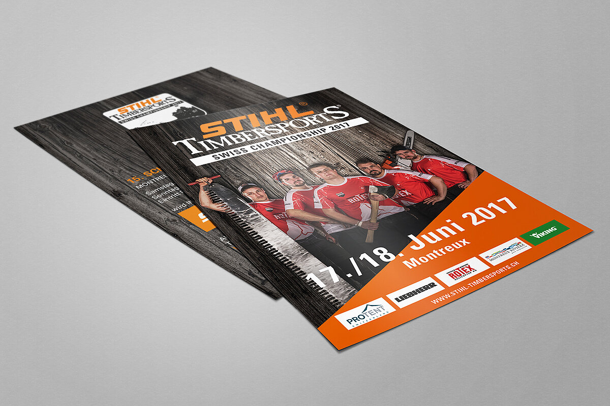 Pro-Tent sponsors the Stihl Timbersports Swiss Championship 2017. A flyer of the Stihl Timbersports Swiss Championship 2017