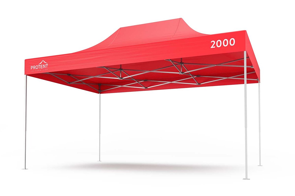 Ein Pro-Tent 2000 Faltzelt mit rotem Zeltdach