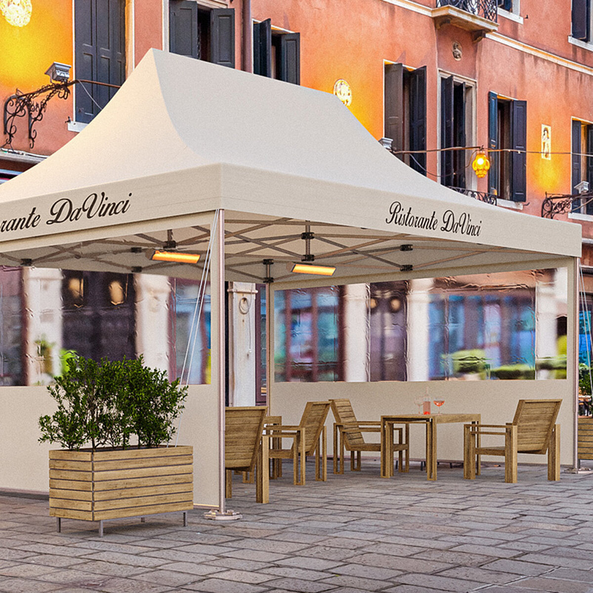 A gastronomy tent being used as an outdoor area in front of a restaurant.