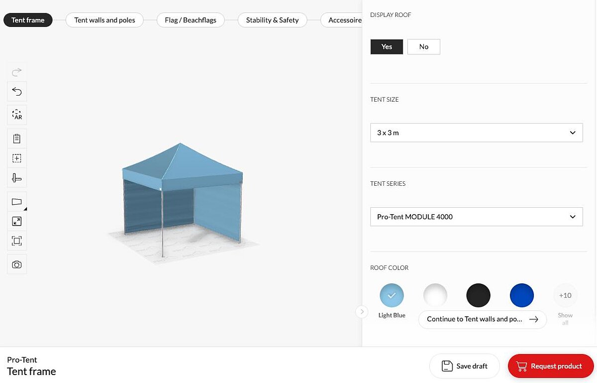 A screenshot of the Pro-Tent folding tent configurator.