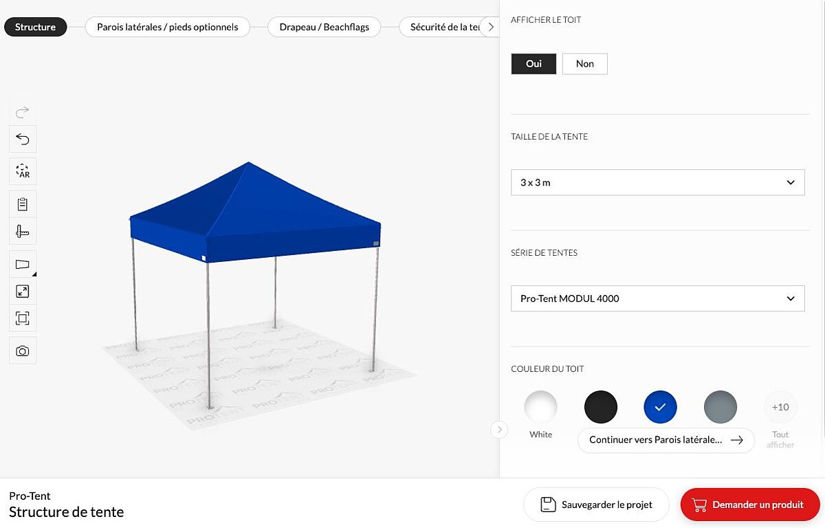 Créez votre tente pliante dans notre configurateur 3D innovant. Une capture d'écran du configurateur de tentes pliantes Pro-Tent.