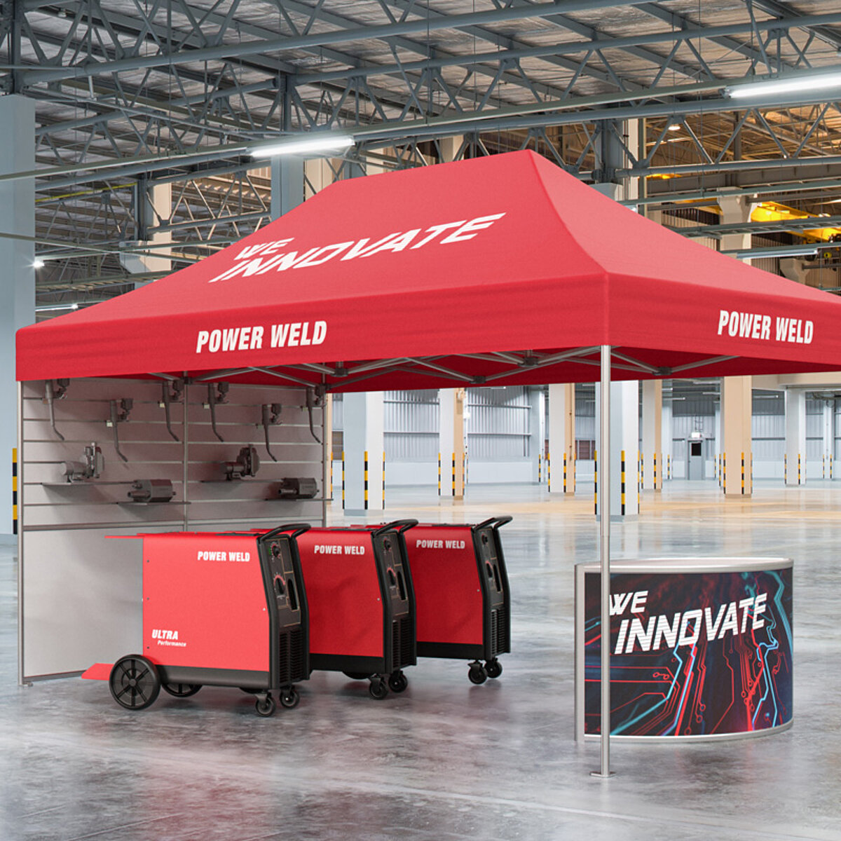 An exhibition tent from Pro-Tent being used indoors and outdoors at a trade fair.