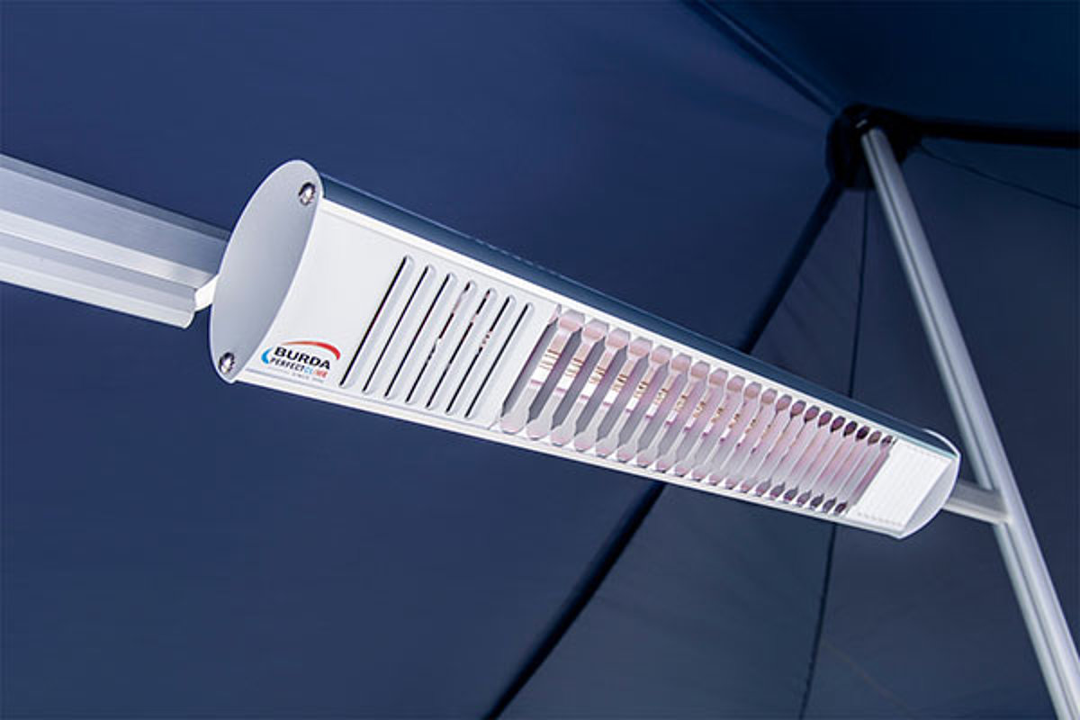 A radiant heater is fixed in the folding tent frame.