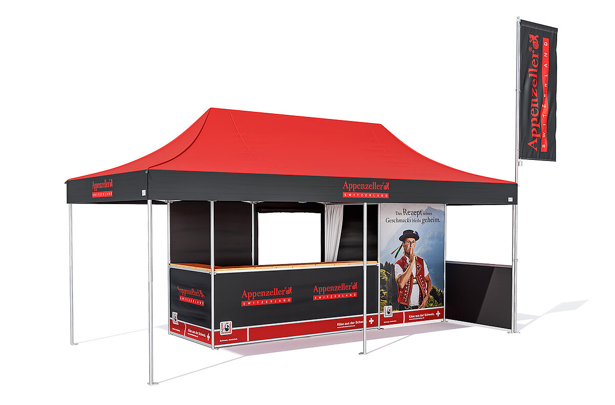Eine Beispiel-Konfiguration für ein Outdoor-Messezelt mit Kabine und nach innen versetzter Bartheke.