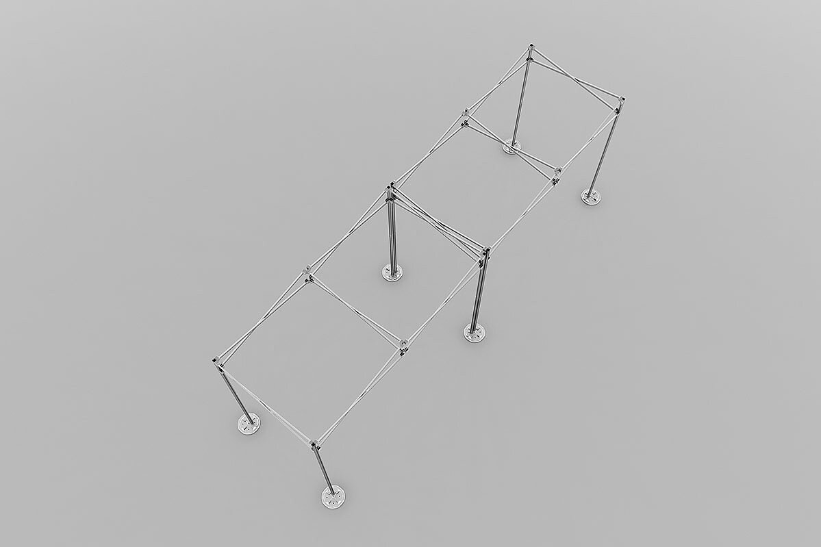 A close-up of the folding tent frame of the waiting area.