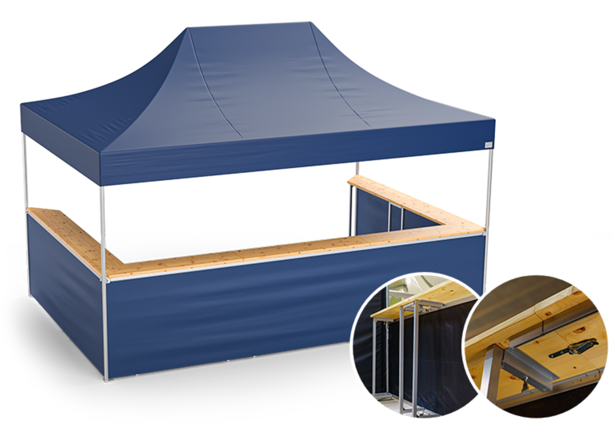 Une tente pliante Pro-Tent avec un comptoir de bar en extension.