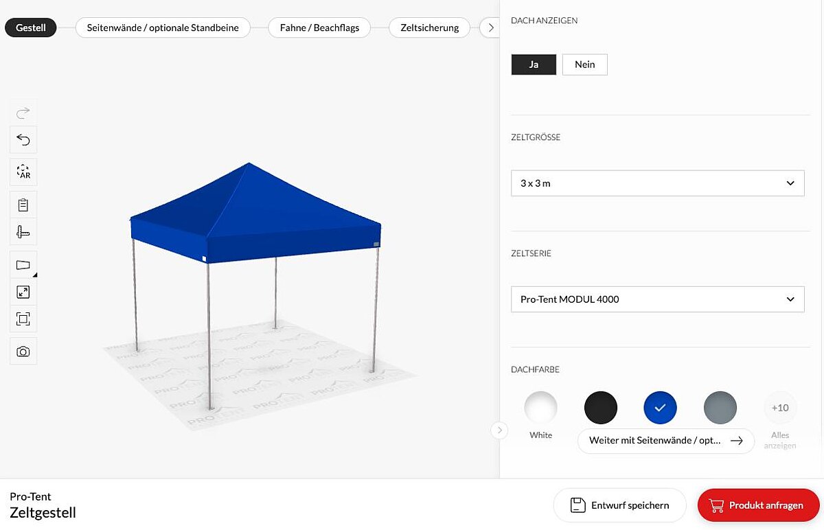 Ein Screenshot des Pro-Tent Faltzelt-Konfigurators.