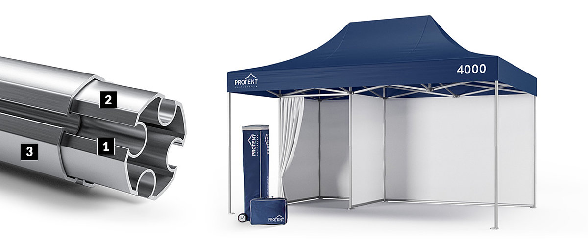 Une Pro-Tent MODUL 4000 bleu clair et une vue rapprochée du profil oméga breveté de la Pro-Tent.