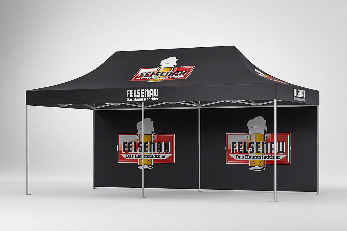 A promotional tent from Pro-Tent with printed back wall. 