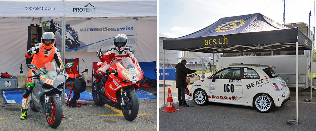 O imagine divizată a două corturi de curse Pro-Tent, care sunt folosite ca pavilion pentru echipajul motocicletelor și boxă în timpul curselor de mașini.