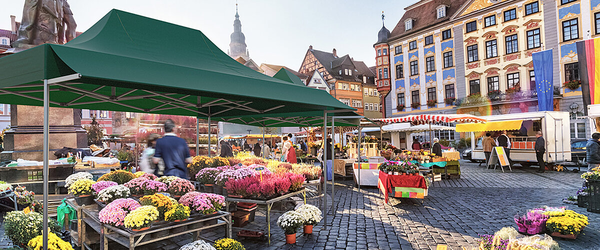 Ein grünes Pro-Tent Faltzelt wird als Marktstand eingesetzt.