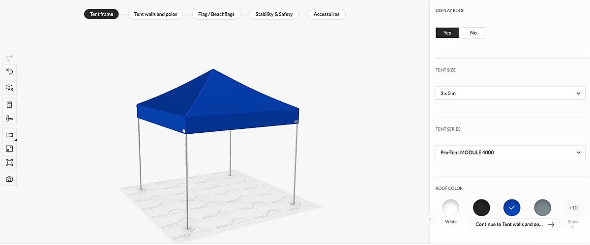 Discover our new folding tent configurator. A screenshot of the new folding tent configurator from Pro-Tent.