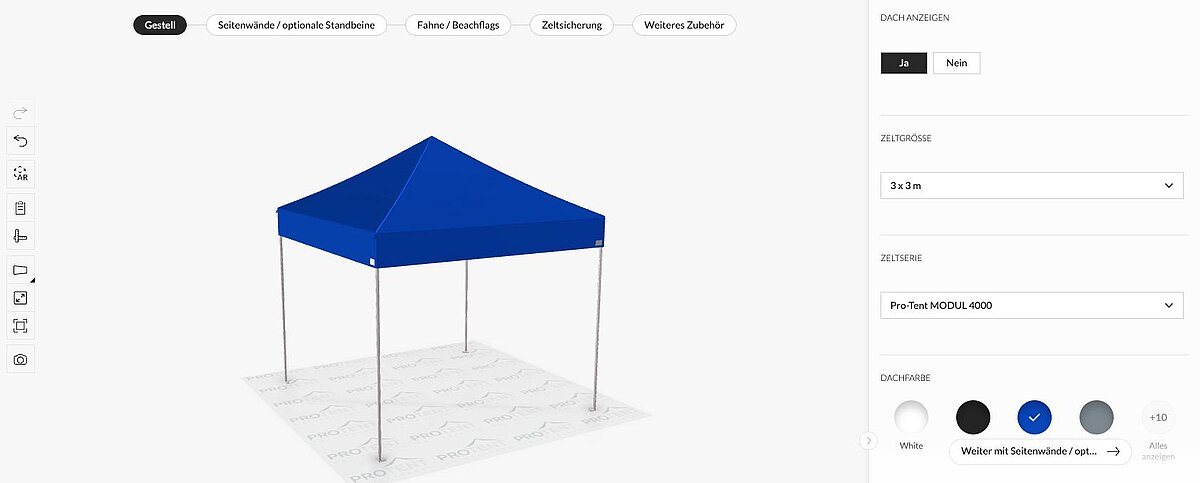 Entdecke unseren neuen Faltzelt-Konfigurator. Ein Screenshot des neuen Faltzelt-Konfigurators von Pro-Tent.