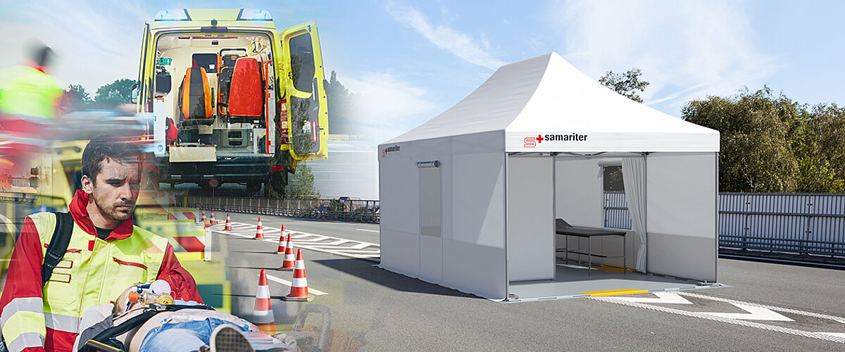 Ein Sanitätszelt von Pro-Tent wird von Sanitätern bei einem Unfall auf der Autobahn verwendet.