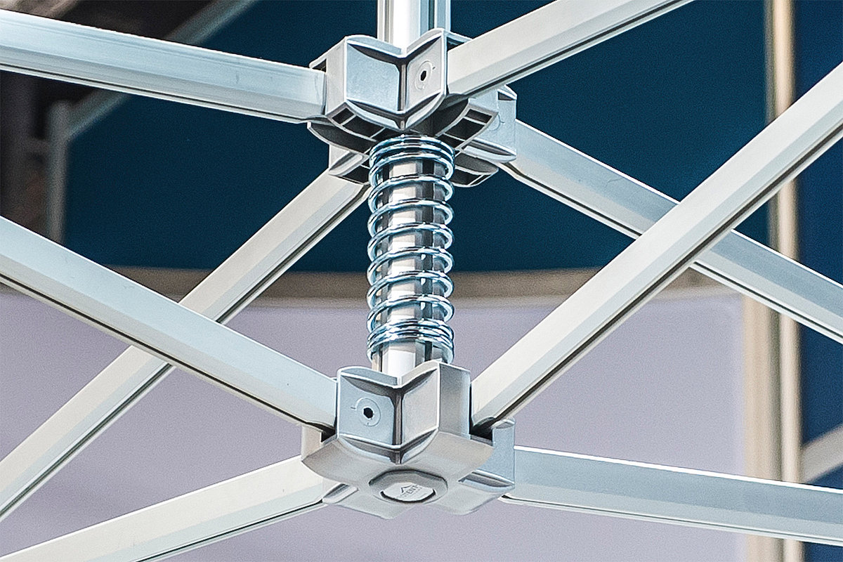 A close-up of the gable spring in the tent roof of a Pro-Tent folding tent.