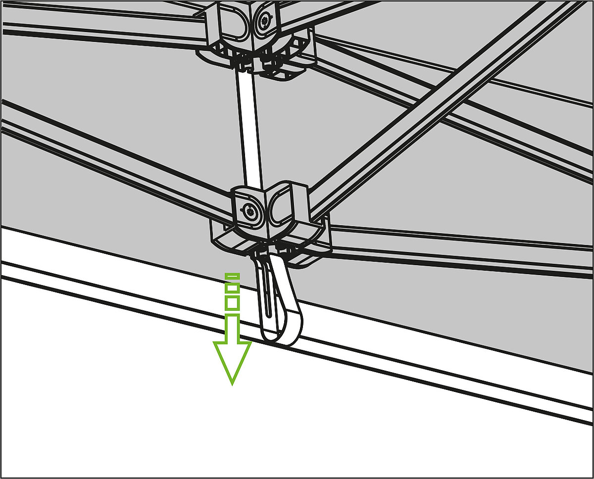 Eine schematische Anleitung zeigt, wie die Blendenspanner zur Spannung des Faltzelt-Stoffdachs genutzt werden.